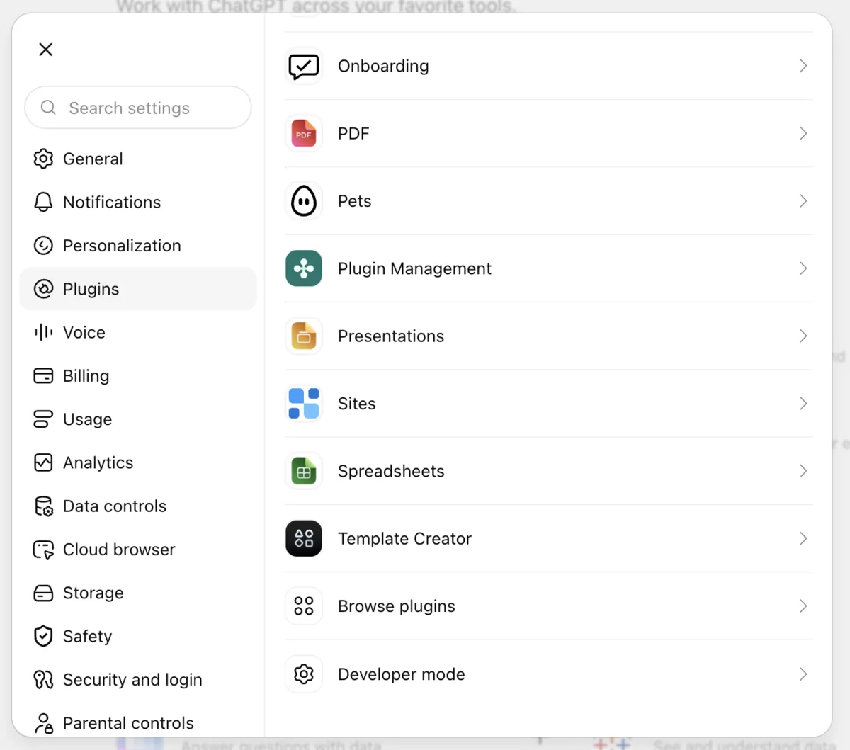 Innstillingene i ChatGPT, der Plugins er valgt og Developer mode ligger nederst i listen