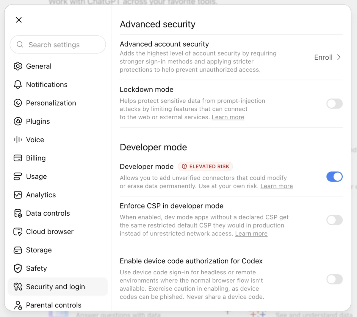 Developer mode slått på under Security and login i innstillingene i ChatGPT