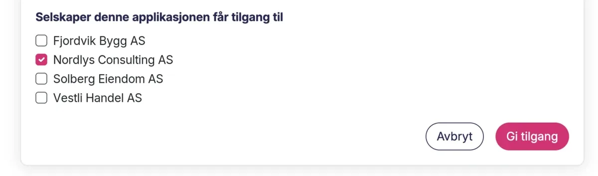 Listen i Numo der du krysser av for hvilke selskaper tilkoblingen skal gjelde for, med knappen Gi tilgang