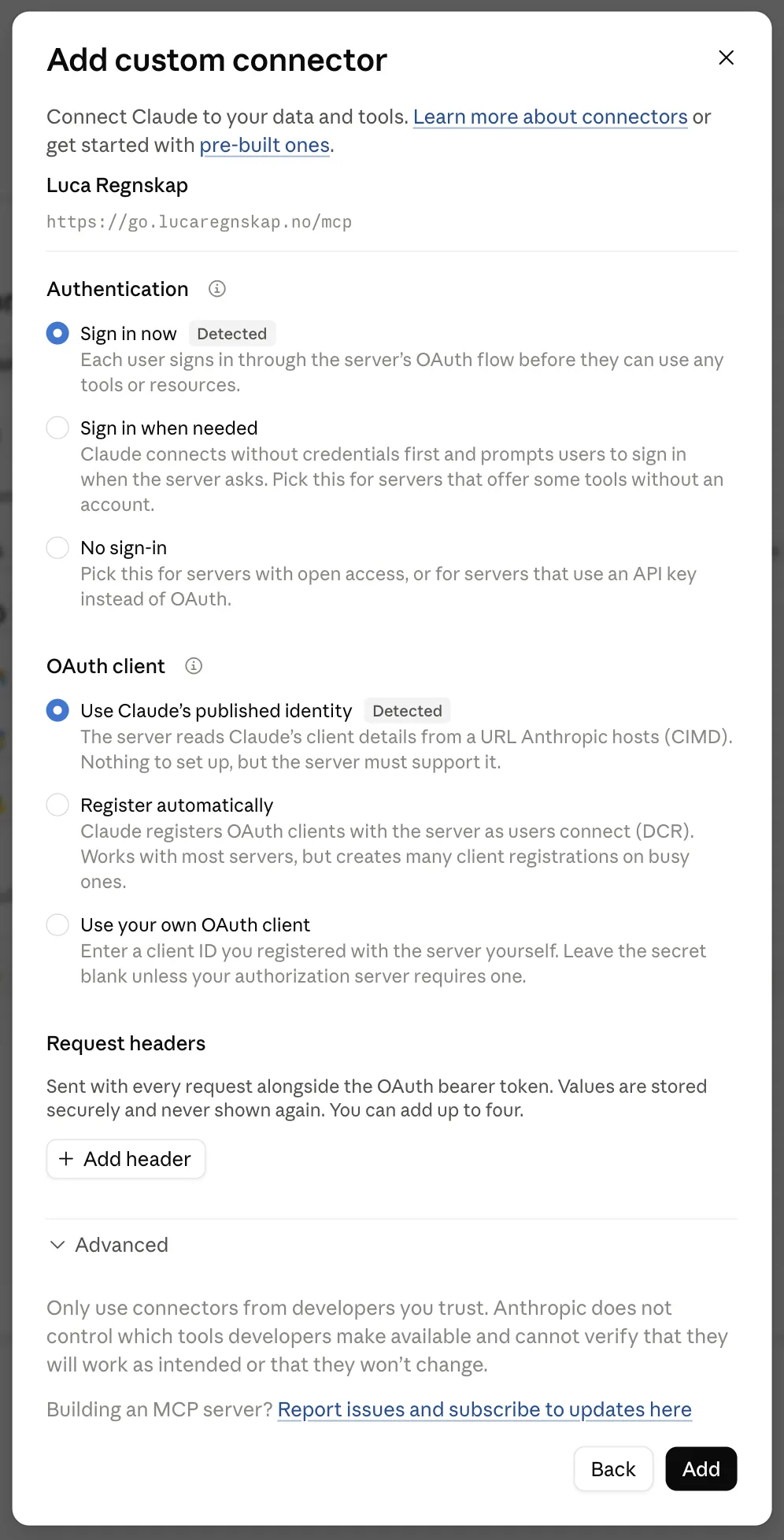 Neste steg i dialogen, der Claude har oppdaget innstillingene for innlogging og OAuth