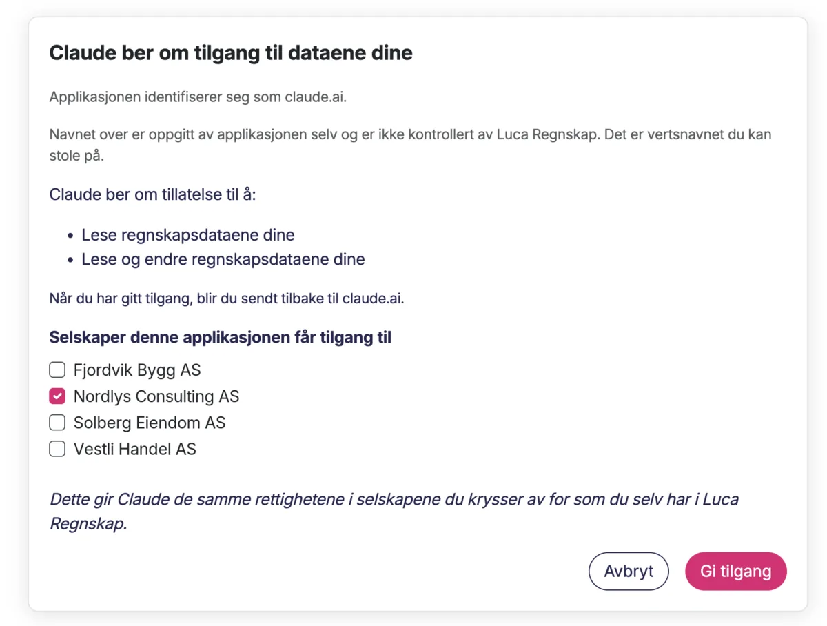 Numo spør om Claude skal få tilgang, med en liste der du krysser av for selskaper